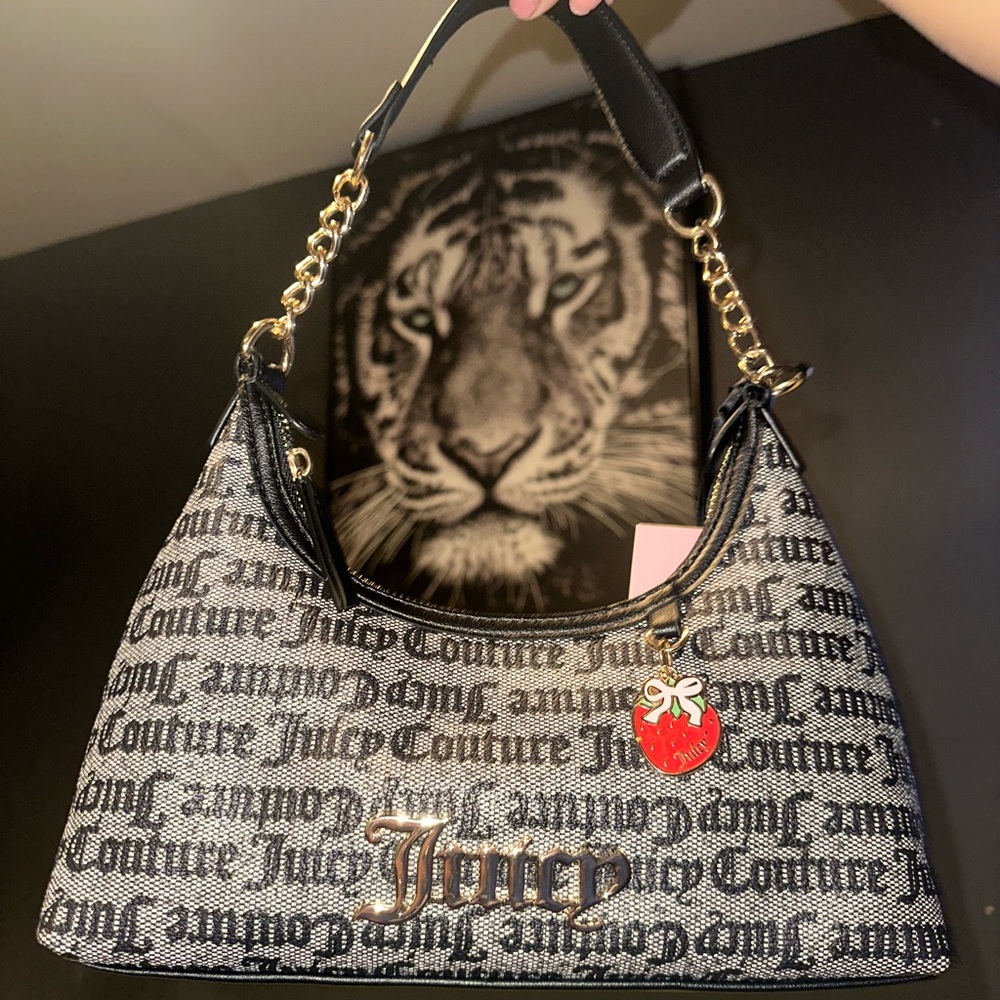 Juicy Couture Black Logo Shoulder Bag with Strawberry Charm